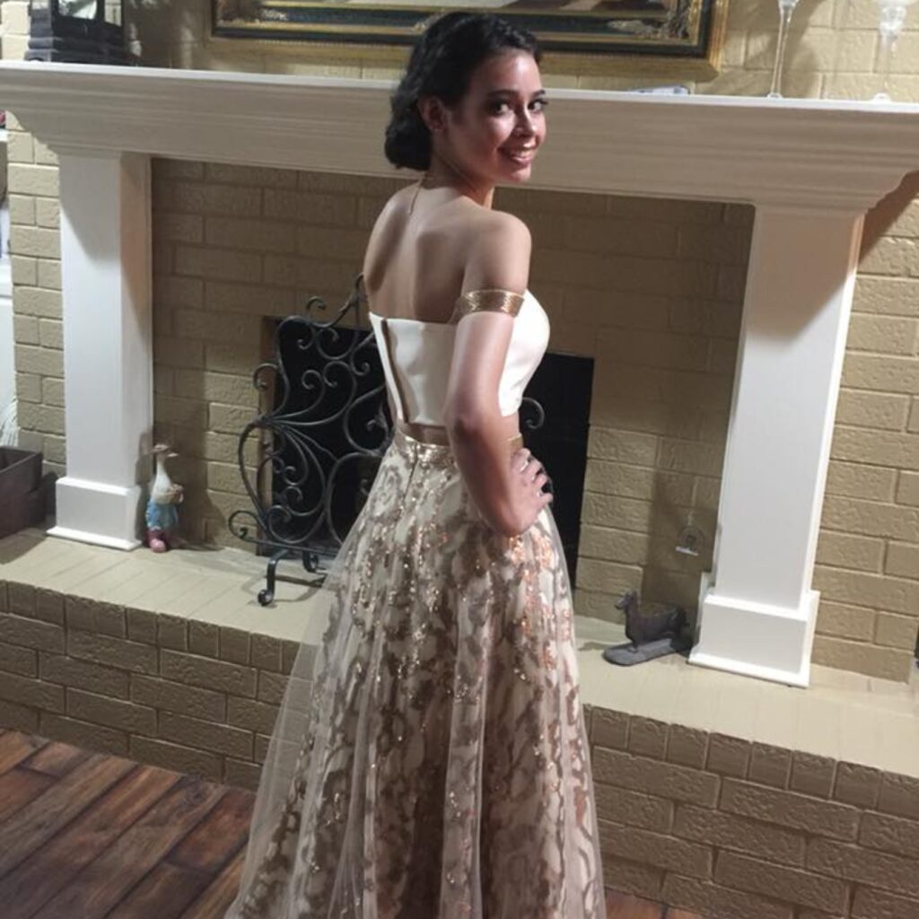 two piece prom dress after being altered