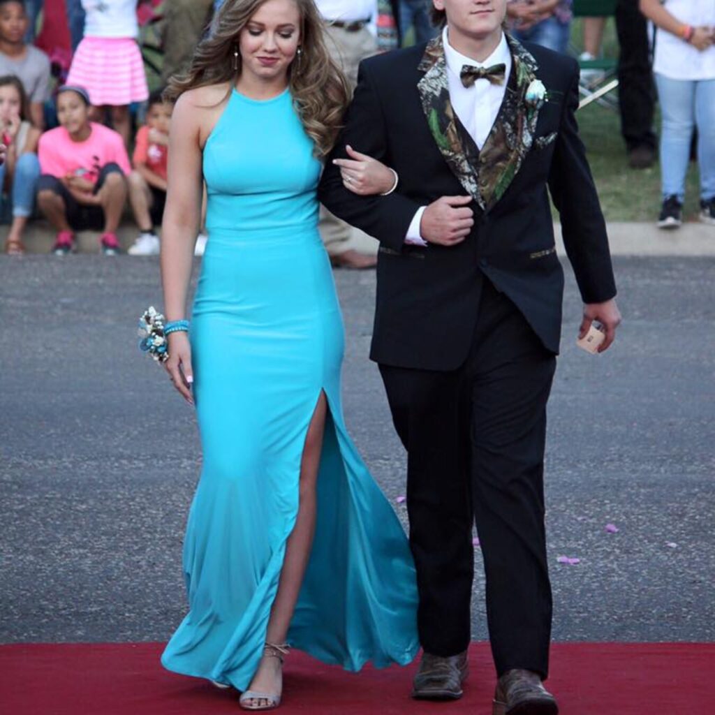 blue homecoming court dress after being altered